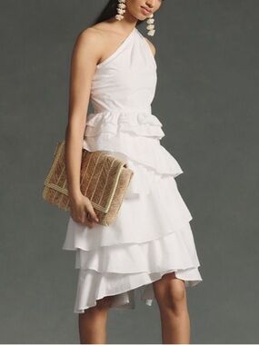 Anthropologie White Cotton One-Shoulder Tiered Midi Dress - Like New